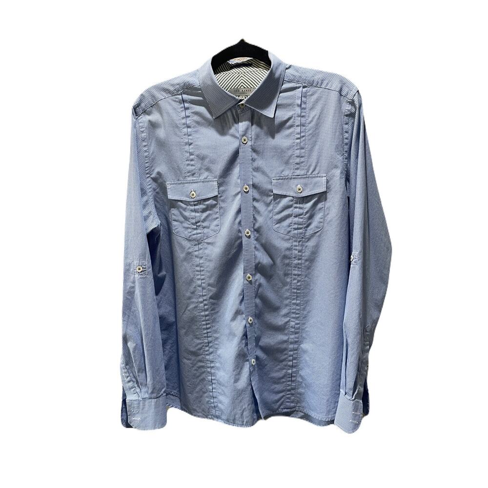 Ted Baker London Mens Long Sleeve Roll Tab Blue White Check Button Up Size 4, L